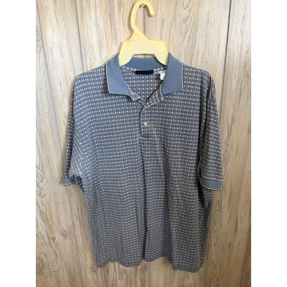 Puritan Mens Blue Geometric Diamond Print Polo Shirt Short Sleeve Large